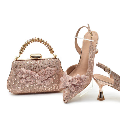 Luxury Italian Shoes and Bag Set for Women Wedding Pointed Toe Women's Pumps High Heel Rhinestones Party Ladies Shoe and Bag Set