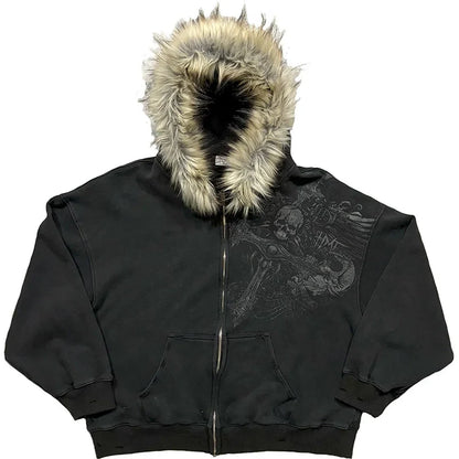 Autumn/Winter Y2k Women Aesthetic Harajuku Faux Fur Collar Hoodies Clothes Graphic Hip Hop Punk Gothic Zip Up Hoodies 2026 new