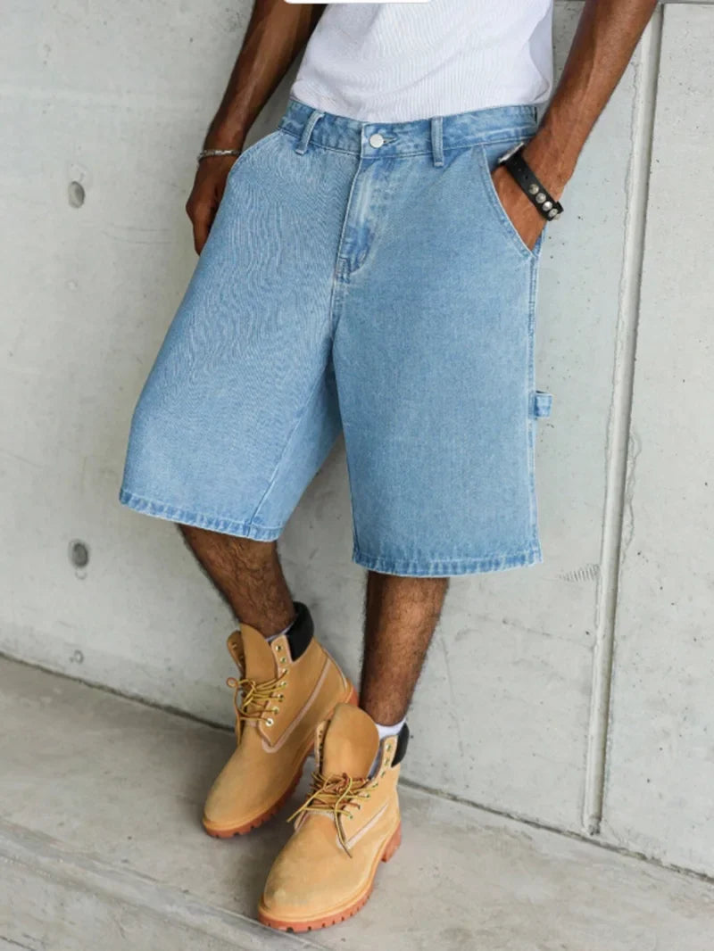 Men's Light Blue Wide-Leg Utility Denim Shorts for Summer