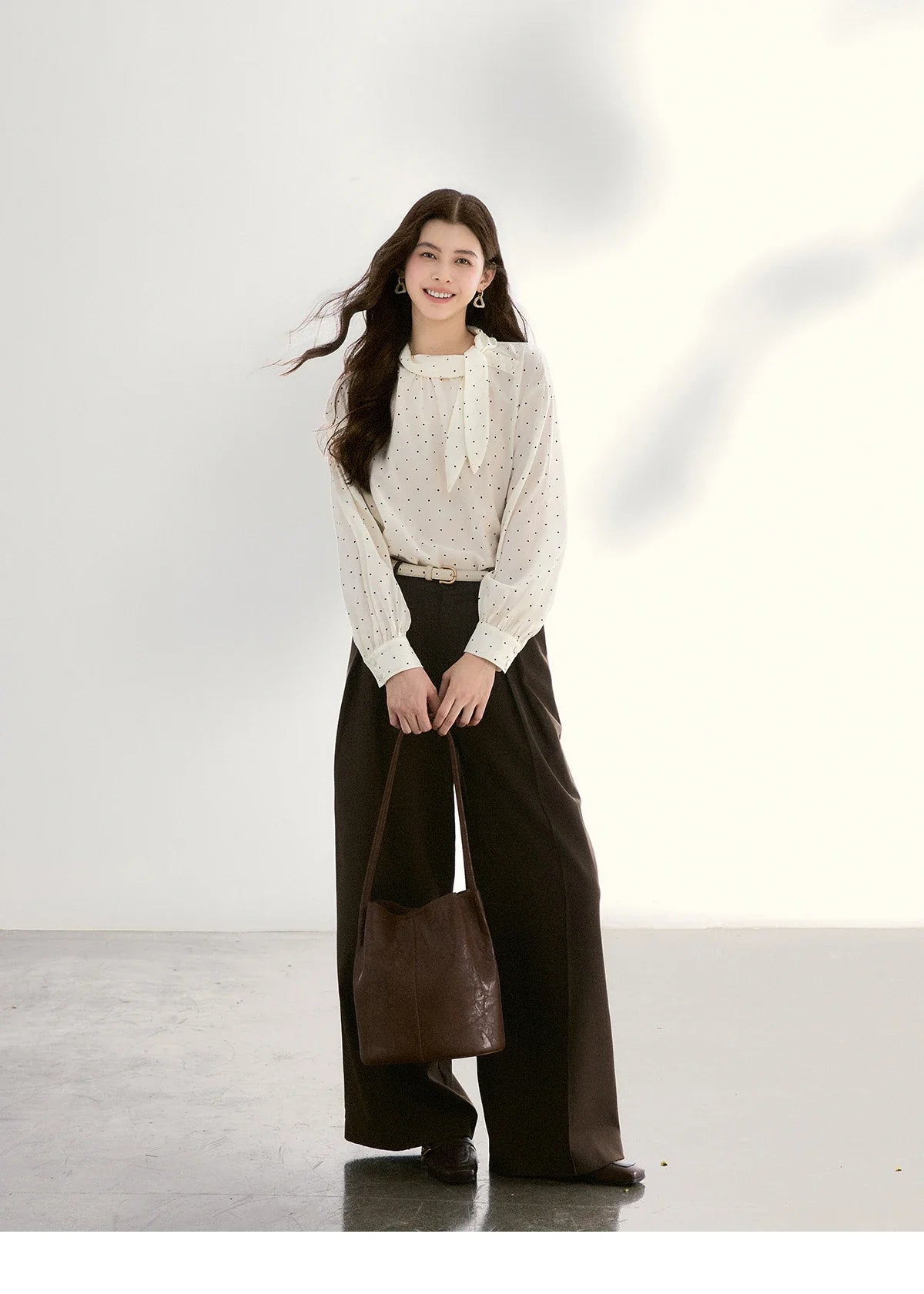 Women's White Polka Dot Blouse Spring Bow Tie Neck Sheer Chiffon Blouses Casual Long Sleeve Top Office Lady MXF13X2531