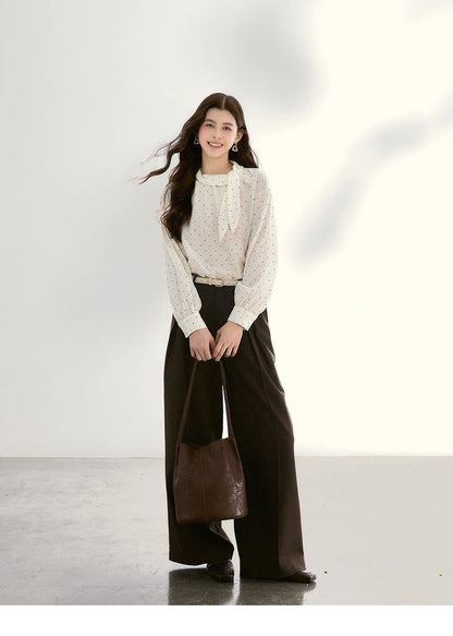 Women's White Polka Dot Blouse Spring Bow Tie Neck Sheer Chiffon Blouses Casual Long Sleeve Top Office Lady MXF13X2531