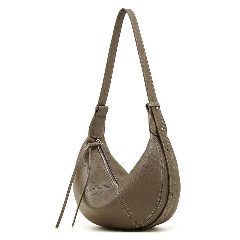 2025 New Top Grain Leather Croissant Dumpling Bag Unique Solid Color Shoulder Crossbody Bag Women Practical Commuting Handbag