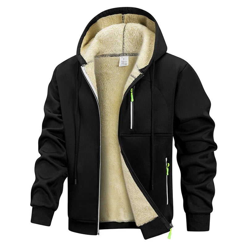 Men's Winter Warm Sherpa Plush Lined Jacket Casual Zip Up Hooded Coat with Zipper Pockets Male Fleece Outerwear Outfits Tops