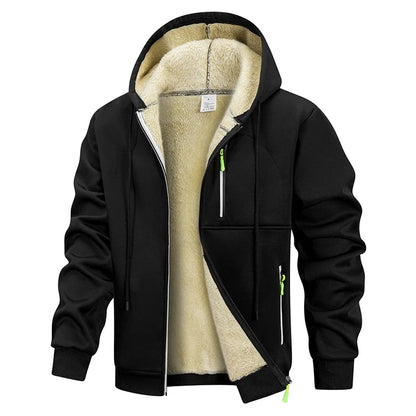 Men's Winter Warm Sherpa Plush Lined Jacket Casual Zip Up Hooded Coat with Zipper Pockets Male Fleece Outerwear Outfits Tops
