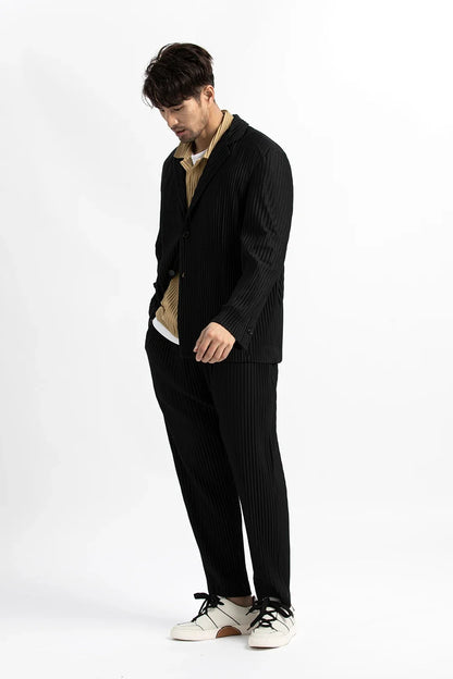 Pleated Blazer Black Suits For Men High Quality Casual Japanese Style Blazers Stretch Fabric Slim Fit Coat