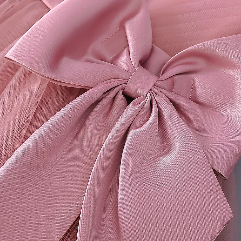 Fluffy Sequin Bridemaid Princess Girls Dress Elegant Bow Pink Wedding Prom Evening Kids Party Dresses for Girl Birthday Costumes