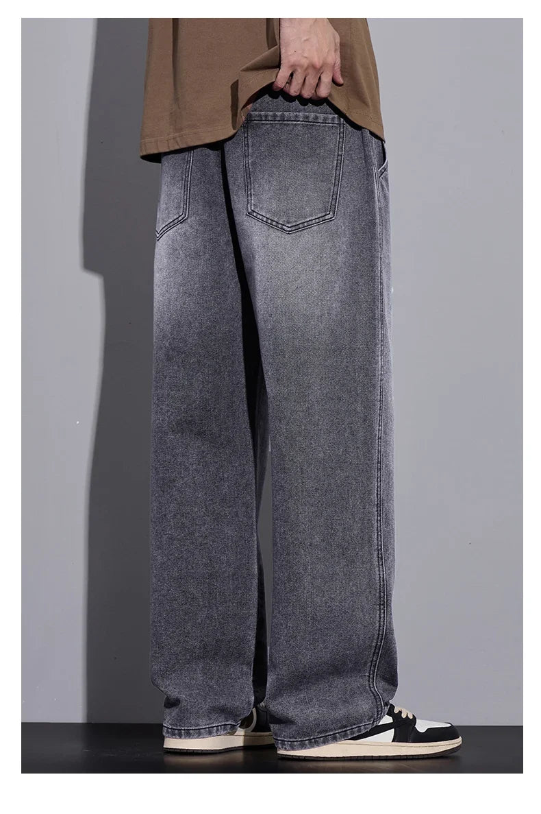 Men's Clothing Wide-leg Pants Baggy Jeans Streetwear Straight Fashion Denim Trousers Y2k Vintage Washed Elastic Waist Man Pants