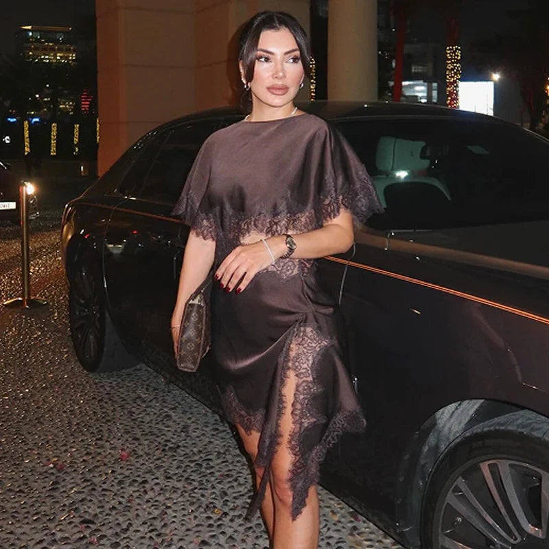 Lace Asymmetric Dress Women 2026 Sexy Mini Satin Batwing Sleeve Dress Luxury Women's Elegant Party Dress Hollow Out Vestido