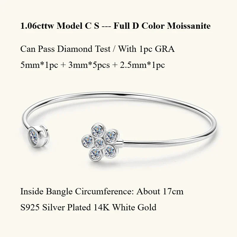Four Prong Moissanite Cuff Bangle 5mm 0.5CT Round Cut D Color 925 Silver Open Hand Chain Bracelet For Women Girl Lady Gift