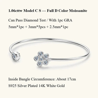 Four Prong Moissanite Cuff Bangle 5mm 0.5CT Round Cut D Color 925 Silver Open Hand Chain Bracelet For Women Girl Lady Gift