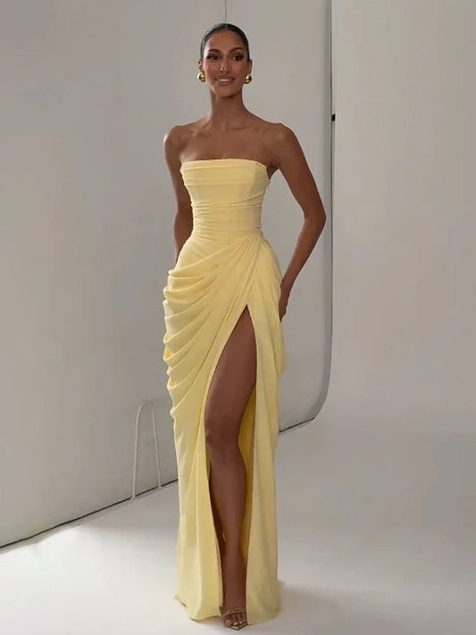 Elegant Solid Pleated Strapless Maxi Dress Yellow Off-shoulder Backless High Waist Split Robe 2026 New Lady Evening Party Gown