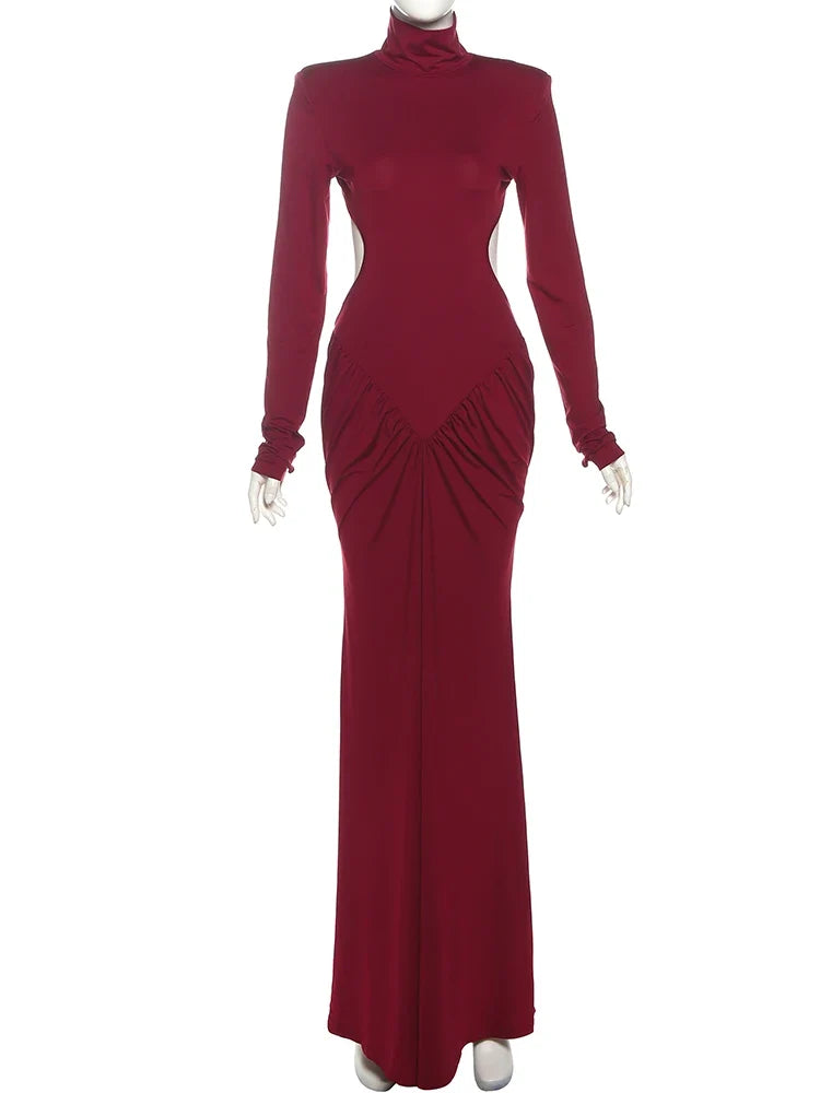 Shirring Sheath Maxi Dresses High Street Classic Full Sleeve Straight Shoulder Backless Vestidos Mujer Evening Wear