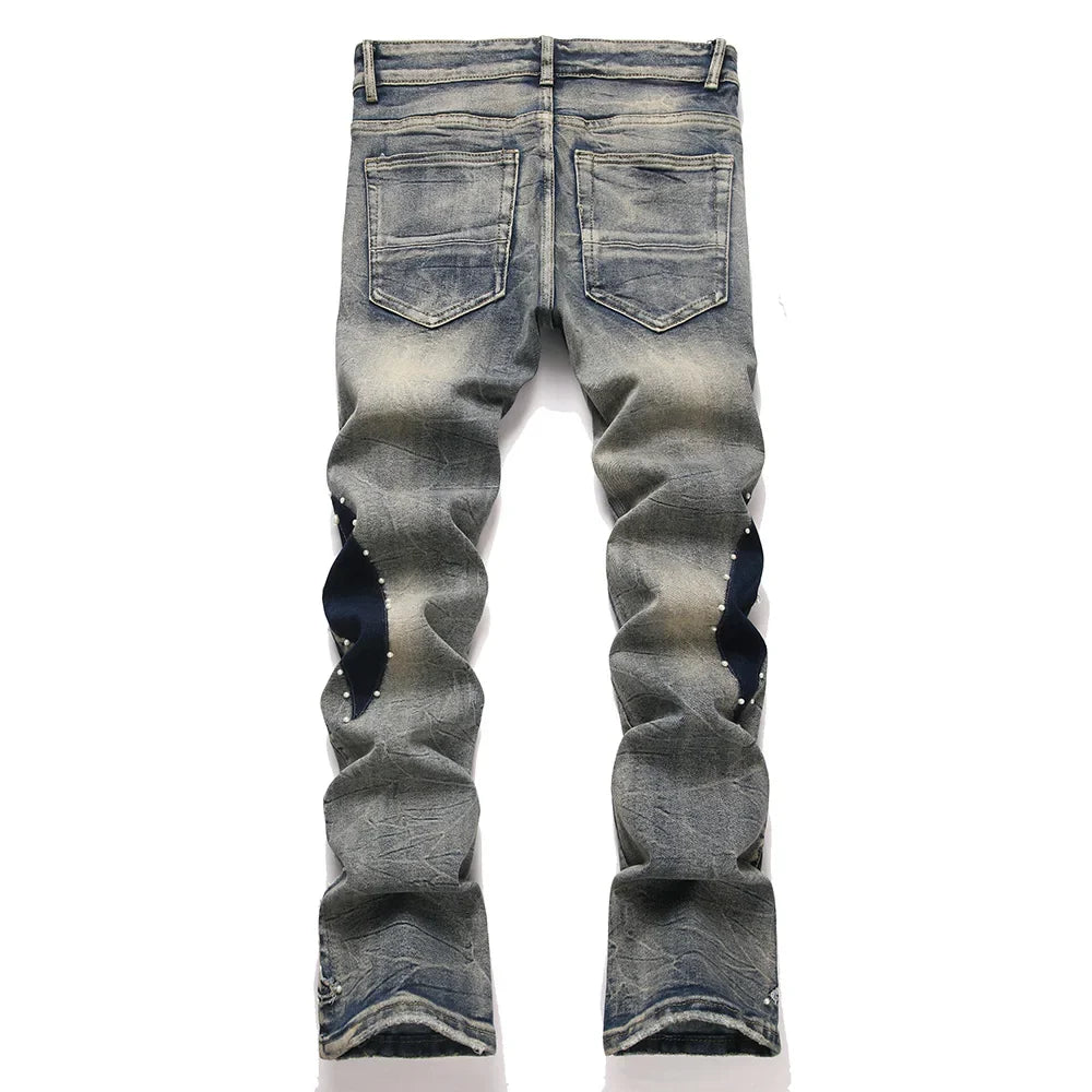 Men's Pearl Boot Cut Denim Jeans Embroidery Patch Slim Flared Pants Casual Streetwear Vintage Blue Trousers