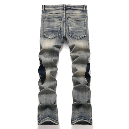 Men's Pearl Boot Cut Denim Jeans Embroidery Patch Slim Flared Pants Casual Streetwear Vintage Blue Trousers