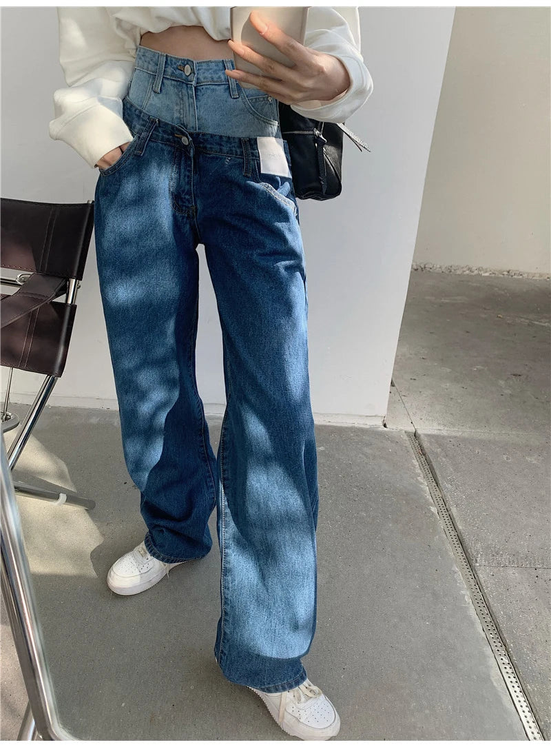Stylish Fake Two Piece Jeans Women Patchwork Daddy Pants Female Baggy Jeans American Fashion Vintage Denim Pants Trousers Street