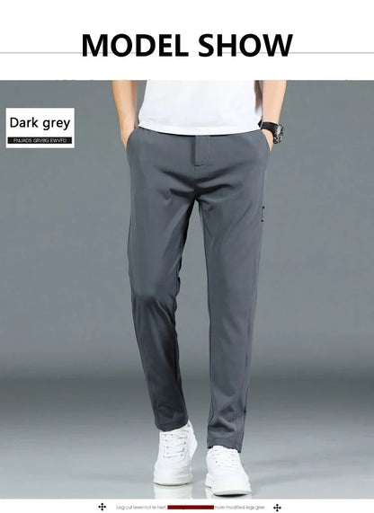 Ice silk men's pants 2026 summer new black gray thin business casual pants outdoor elastic breathable straight leg sports pants