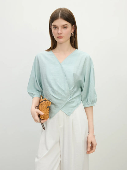 V-Neck Relaxed Casual Design Women's Short Sleeve Linen Shirt - 2025 Summer New Arrival Shirts For Women 25FS12418