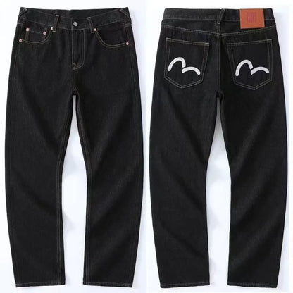 Japanese Handmade Embroidered Jeans Men's Pure Cotton Straight Tube Hip-Hop Popular Slim Red Ears Show Thin Trousers Devil