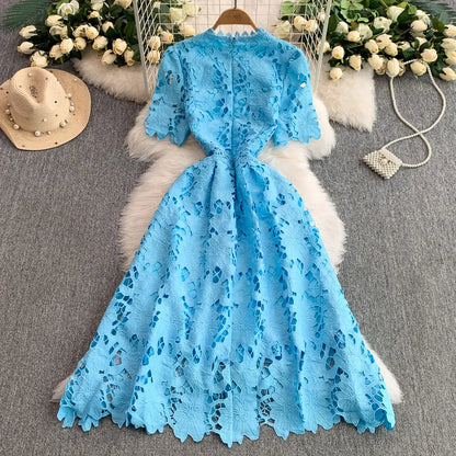 Ele Summer Lace round Ne Dr Women's High Waist Slimming Long Skirt Korean Sle Commute High Softn Regular Sve