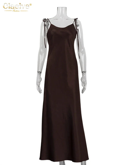Fashion Loose Brown Satin Womens Dresses 2025 Summer Strap Sleeveless Floor Length Dress Sexy Backless Female Dress