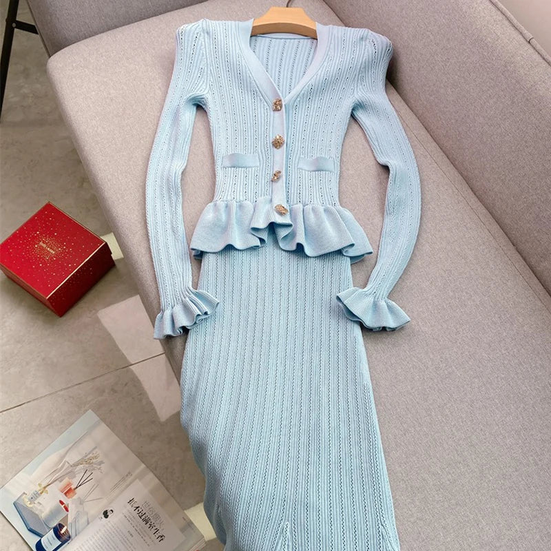 Brand Fashion One-piece Knitted Maxi Dress Women Elegant V-neck Ruffled Slim Waist Bodycon Sweater Dress Party Vestido