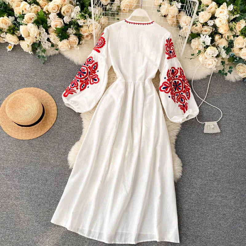 n Sle Embroidered Flower Long Sve Loose Fit Lantern Sve Gathered Slimming A-Line Dr Women's round Ne Dr