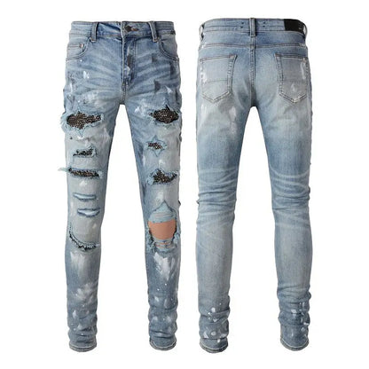 2025 Men's Diamond-encrusted Jeans Ripped High Street Trendy Brand Ink Splashing Patch Distressed Designer Elastic Retro Pants