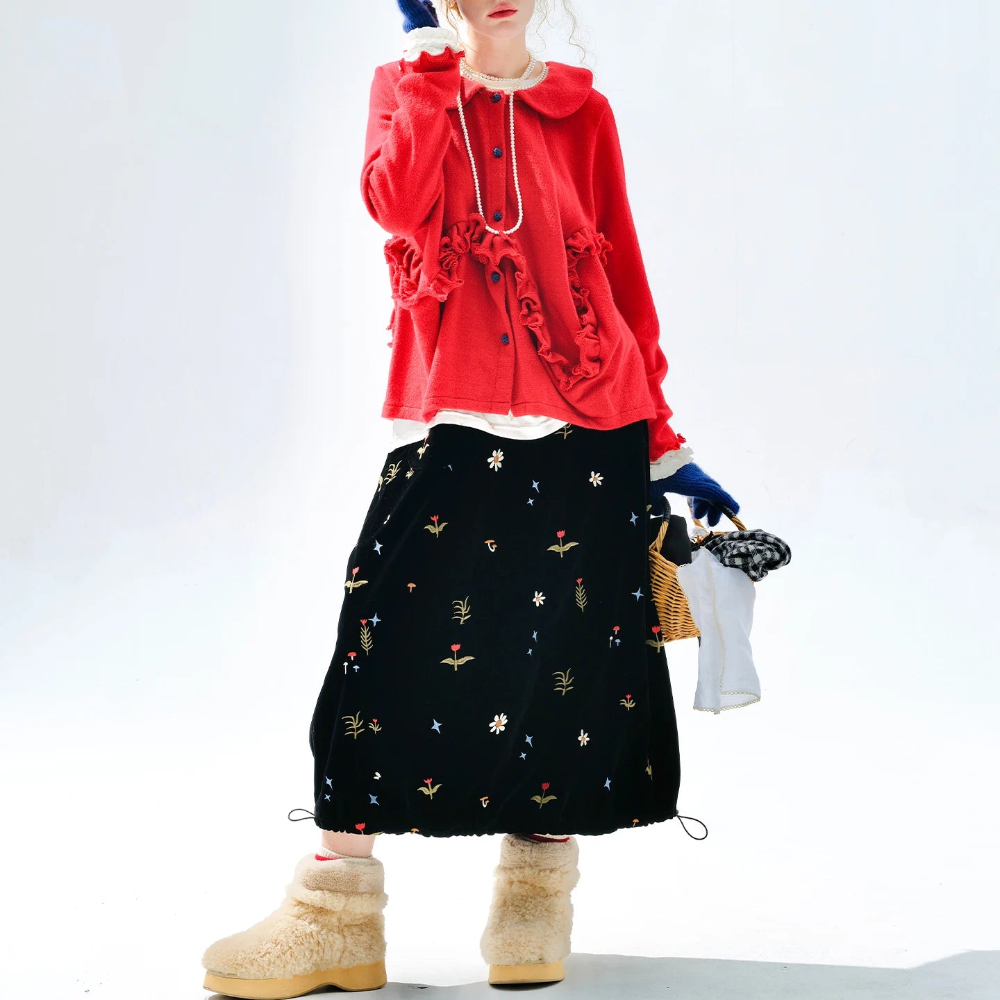 Embroidered Floral Midi Skirt, Vintage Velvet, Daily Outing, Mori - style Healing Vibe 255288