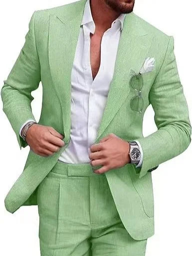 Men's Linen Suit 2 Piece Slim Fit Suit Summer Beach Wedding Suit Groosmen Prom Tuxedo Linen Blazer Pants Set