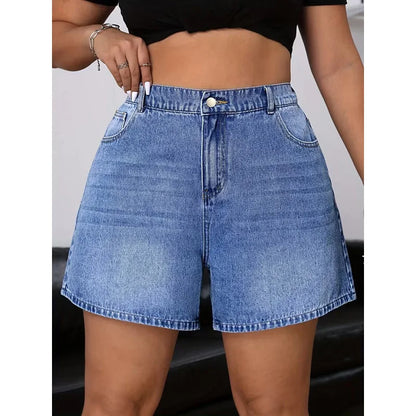 Plus Size Retro Deep Blue Elastic Washed Denim Shorts Women Summer New Y2k Streetwear High Waisted Loose Jean Shorts