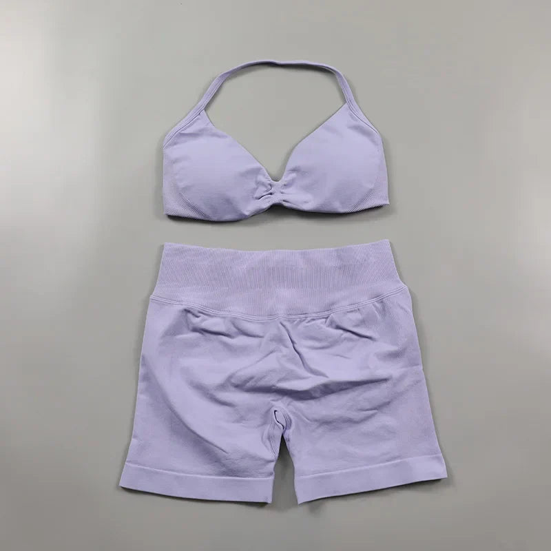 Scrunch Seamless Yoga Set Women Sportswear Ribbed Gym Shorts Strappy Sports Bra 2 Piece Set Halter Workout Clothes Fitness Suit