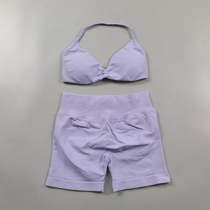 Scrunch Seamless Yoga Set Women Sportswear Ribbed Gym Shorts Strappy Sports Bra 2 Piece Set Halter Workout Clothes Fitness Suit