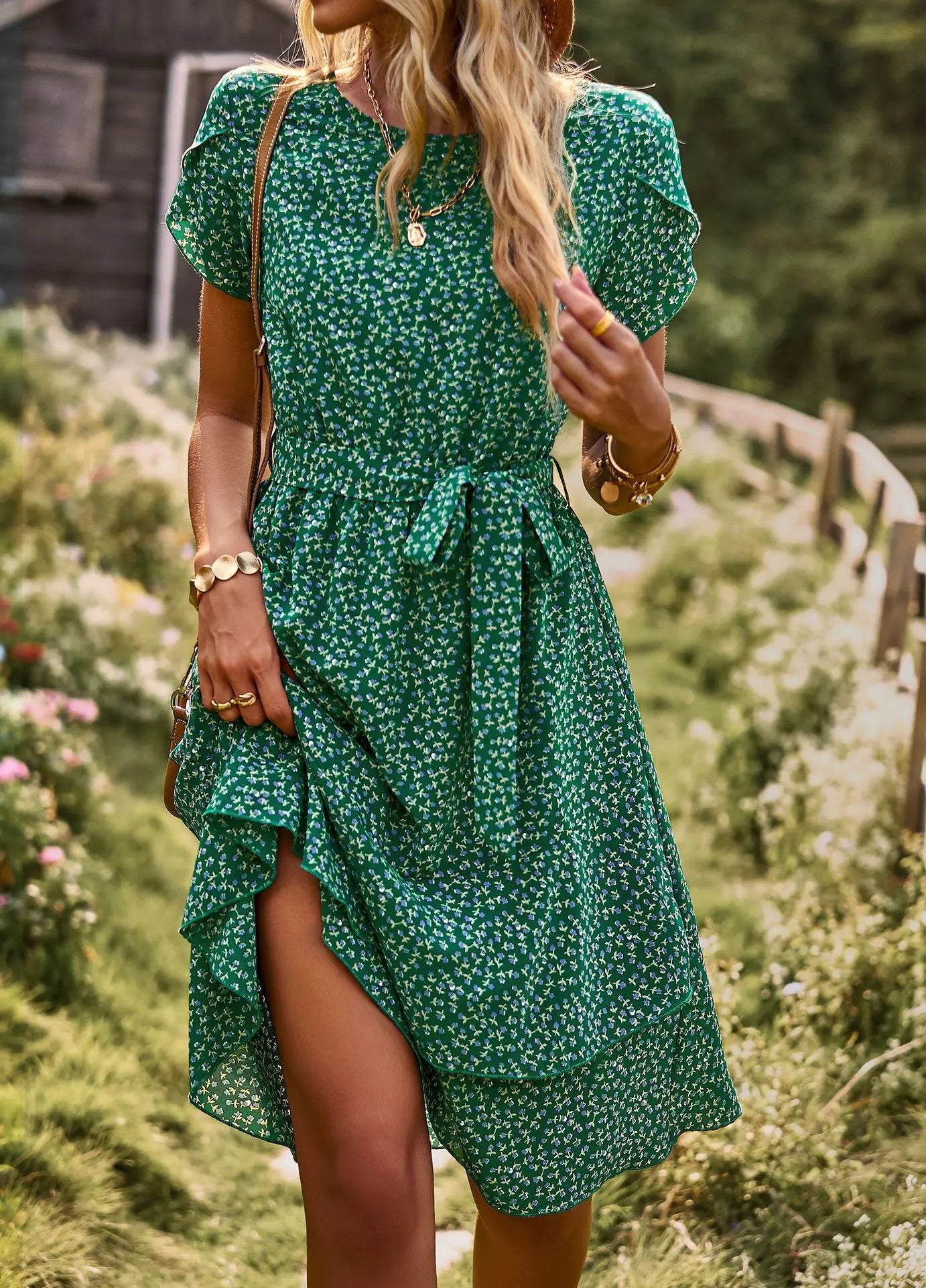 Summer O Neck Casual Printd Women Strap High Waist Pleated Floral Dress