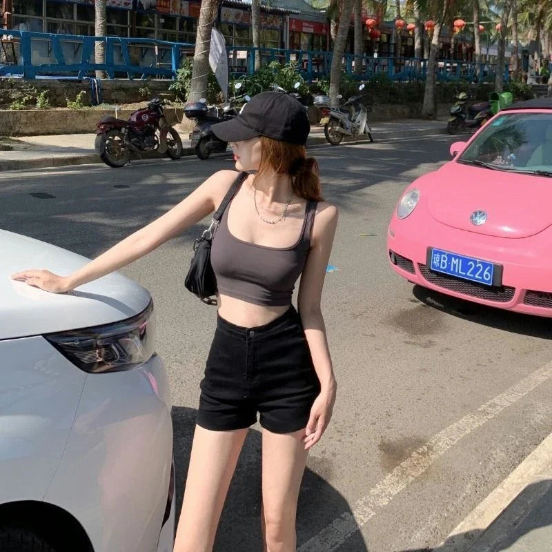 Y2K Korean Style Women's Black High Waisted Denim Shorts New A-Line Wide Leg Slim Fit Casual Summer Streetwear Trendy Hot Pants