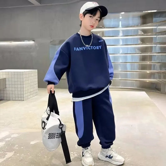 Spring Autumn Boys Cotton Alphabet Workout Sweatshirt+Sweatpant Sets School Kids 2PCS Tracksuit Children Jogger Outfits 7-16 Yrs