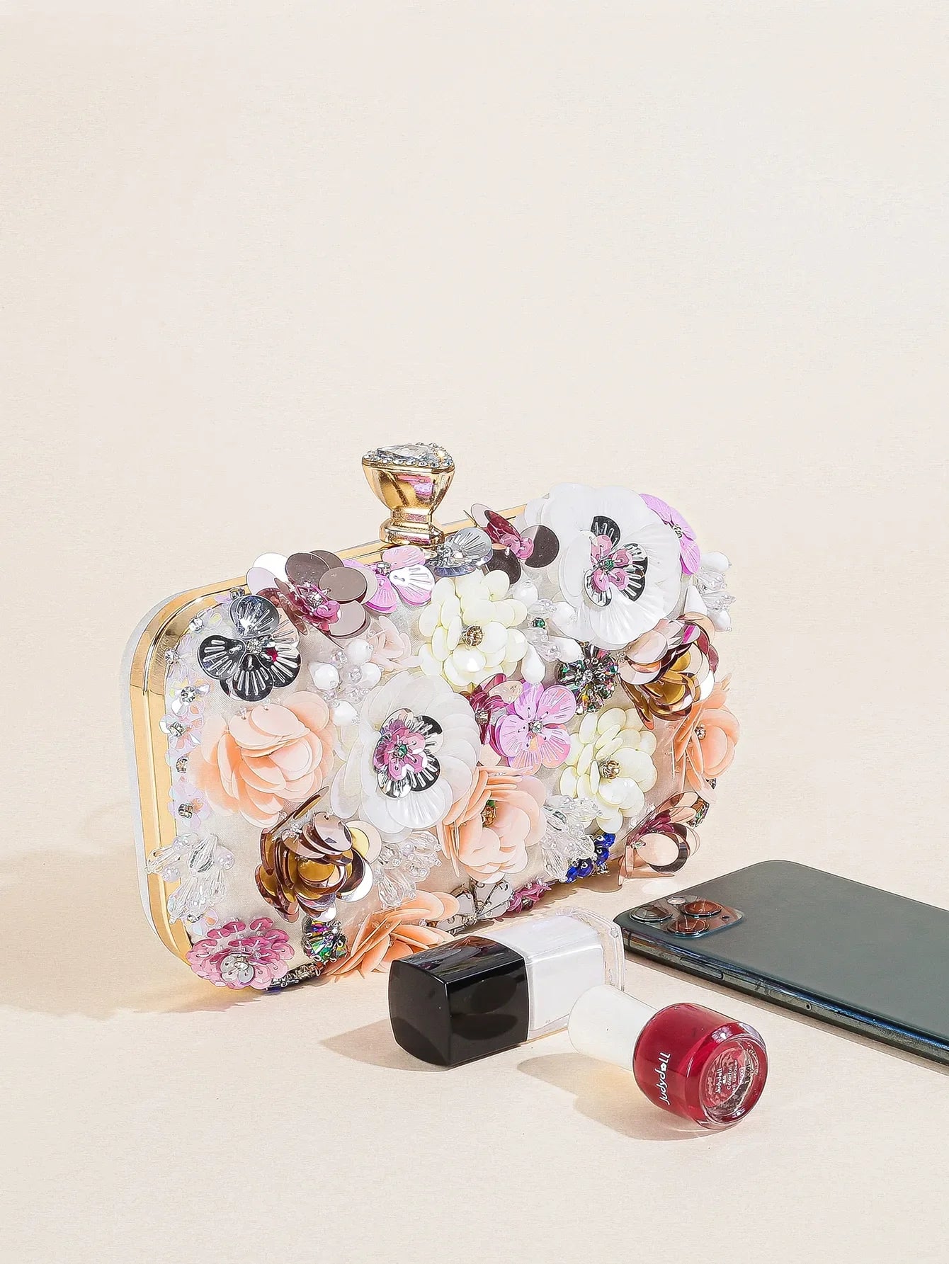 I PC Black Elegant Floral Beaded Clutch, classic Banquet Purse,Women's Fashion Evening Bag Foren Wedding Party Prom
