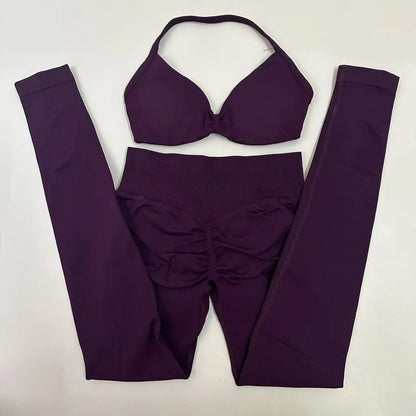2pcs Seamless Yoga Set Women Yoga Scrunch Leggings Set Strappy Halter Sports Bra Fitness Gym Clothing Workout Set