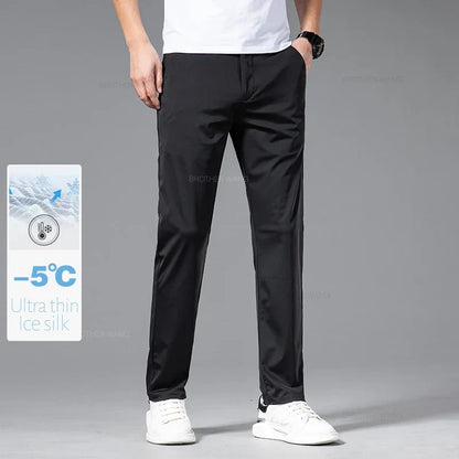 Ultra-thin Ice Silk Cool Men's  Casual Pants Summer New High Elasticity Quick-drying Drape Business Straight Trousers Black Gray