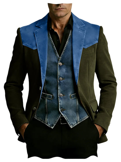 Men's Vintage Suede Blazer Notch Lapel 2 Button Denim Shoulder Collar Patch Jacket Business Casual Daily Wear Coat for Gentlemen