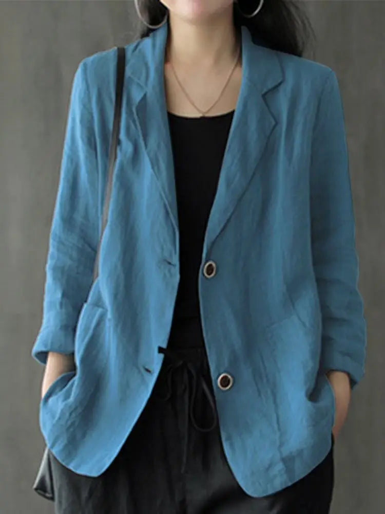Women Lapel Neck Long Sleeve Blazer Autumn Vintage Casual Solid Cotton Blazer Elegant Cardigan Thin Coats Work Suits