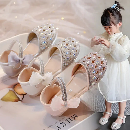 Girls Sandals Shiny Crystal Ins Trendy 2026 Summer New Kids Princess Shoes Mesh Lace Bows Girls Dance Shoes Elegant Hollowed-out