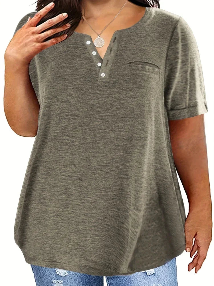 Plus Size 1XL-5XL Women's Spring and Summer New Style Loose Tops Ladies Casual V-neck Short Sleeve Pocket T-shirt