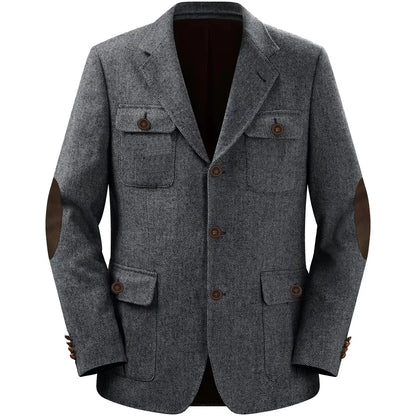Autumn Winter Multi-Pocket Hunting Jacket Herringbone Tweed Men's Sporty Formal Blazers Suit Vintage Elegance Menswear 2025 NEW
