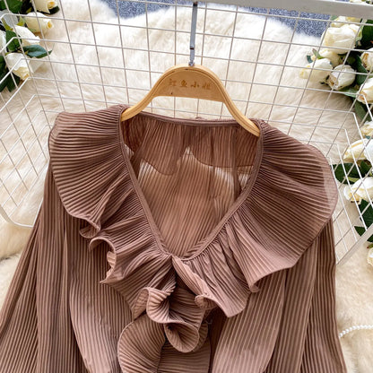 Ruffles Pleated Romantic Tops Thin Spring Summer V Neck French Elegant Blouse Fairycore Flowy Office Lady Luxury Shirt