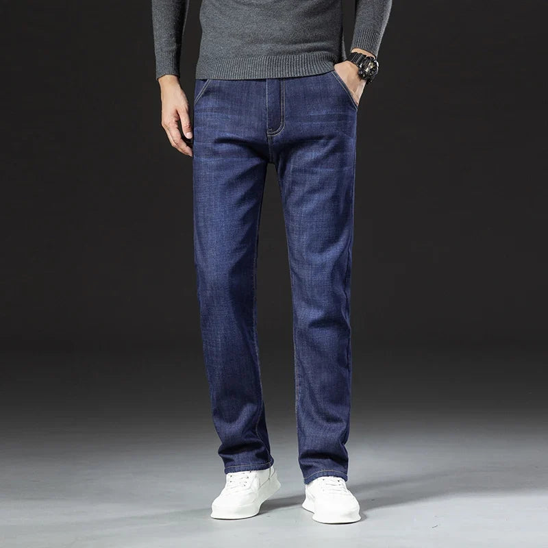 Winter Warm Fleece Jeans Men 2025 Straight Stretch Thick Casual Thermal Denim Pants Male Business Work Trousers New Men Clothing