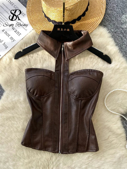 PU Leather Halter Camis Female Zipper Night Club Spicy Girl Tops Off Shoulder American Retro Sensual Bodycon Corset
