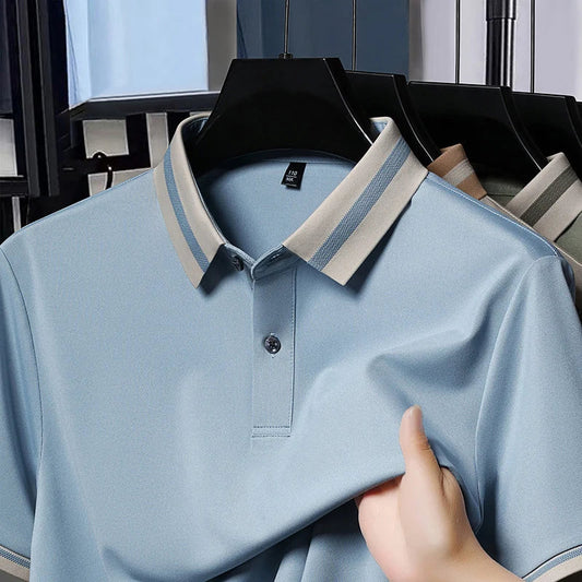 High quality men's short sleeve polo shirt new breathable and fashionable color blocked collar T-shirt summer ice silk cool top