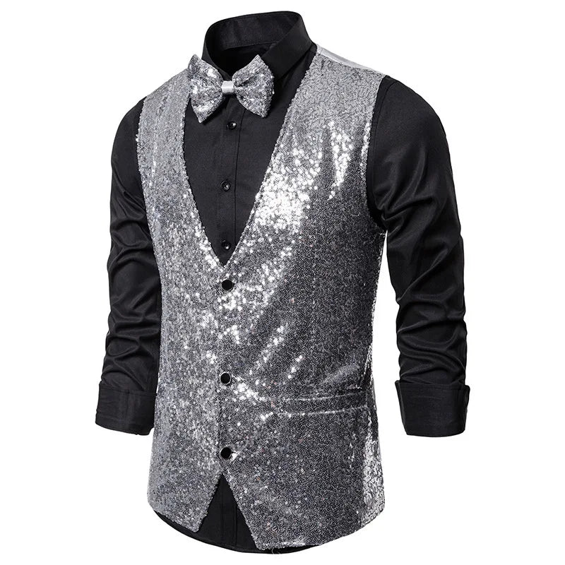 2026 Men's Shiny Gold Sequin Glitter Embellished Blazer Waistcoat Night Club Blazer Wedding Party Waistcoat Stage Singers Vest