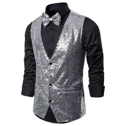 2026 Men's Shiny Gold Sequin Glitter Embellished Blazer Waistcoat Night Club Blazer Wedding Party Waistcoat Stage Singers Vest