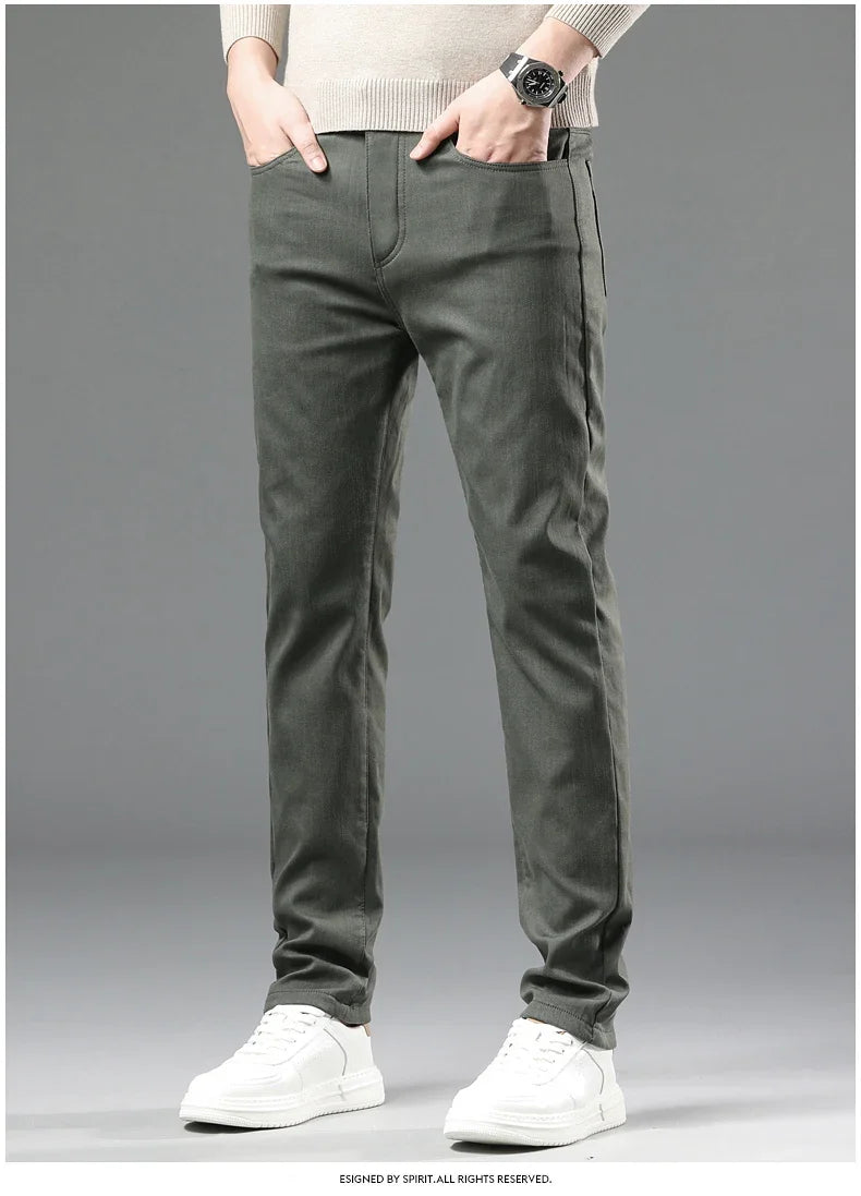 2024 Winter New Men's Warm Slim Fit Business Casual Fashion Thicken Trousers Fleece Stretch Brand Pants Black Grey Army Green
